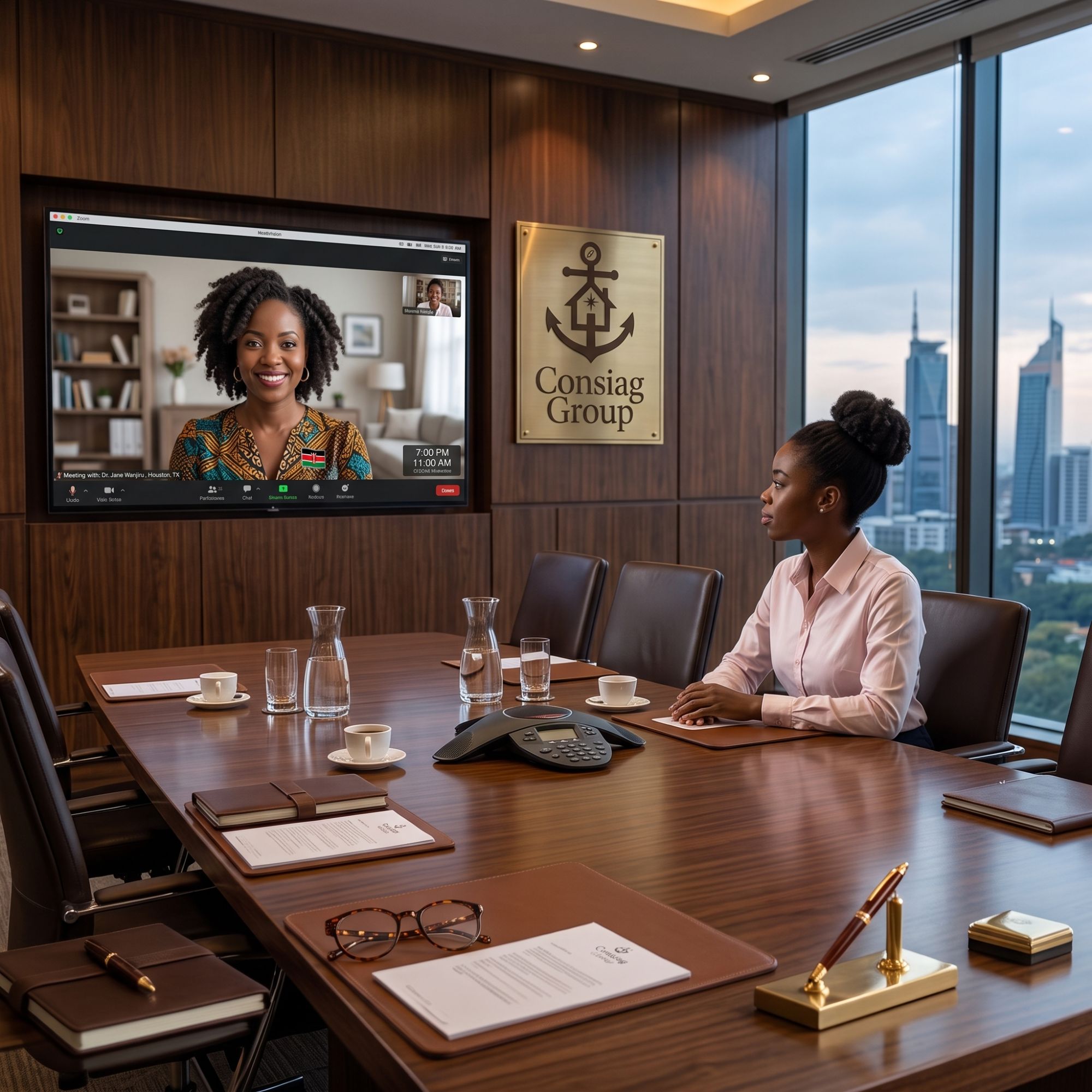 A Consiag Relationship Manager in a Nairobi meeting room on a video call with a client in Houston
